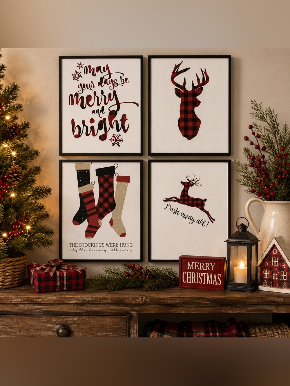 Plaid Christmas Wall Art Set of 4 Framed Reindeer Stockings Holiday Decor - Picture 1 of 4